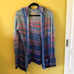 Knitted Long Sweater with Hood and Pockets